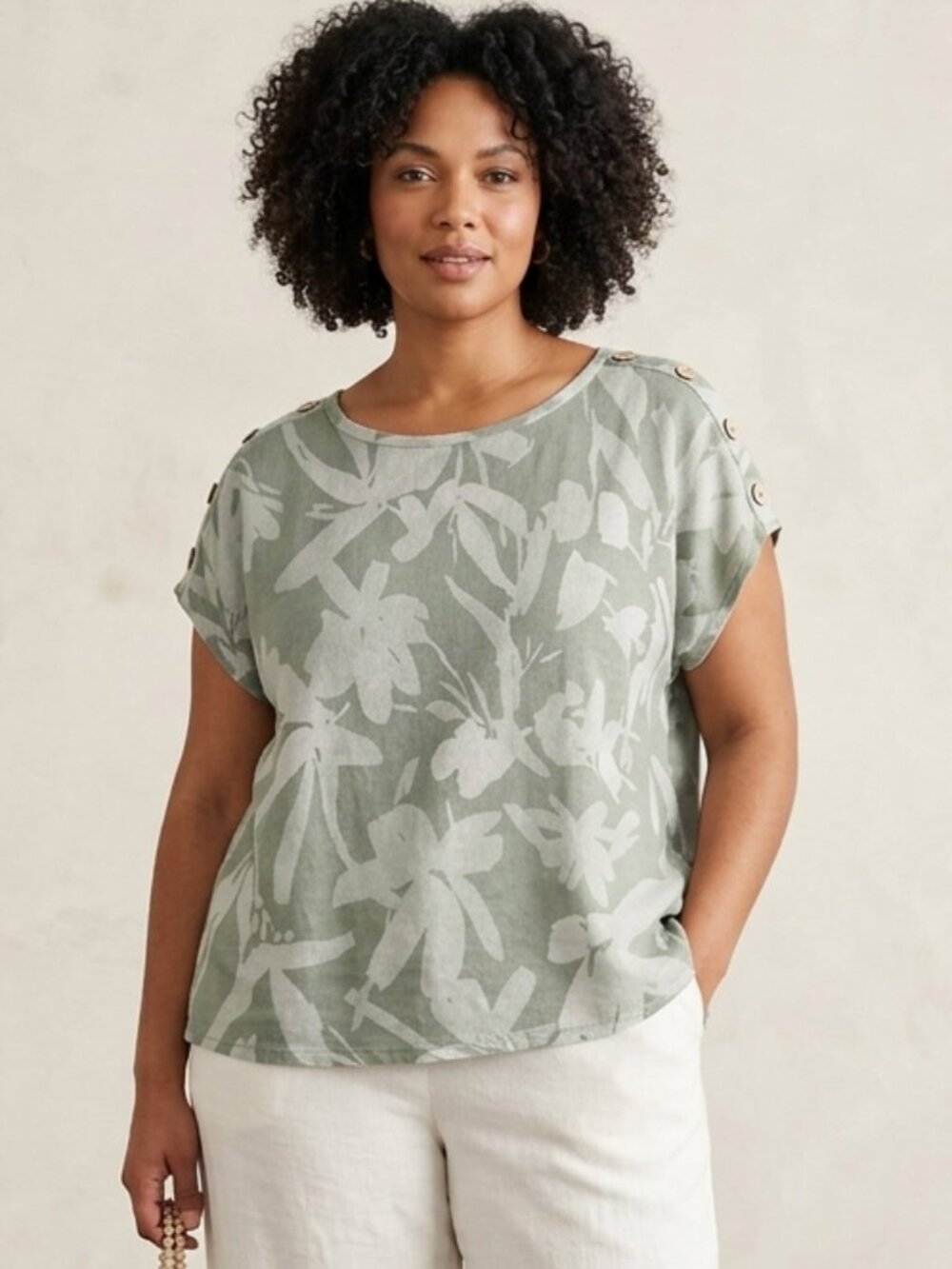 Cynthia Rowley Women's Size 2X Green Tropical Linen Blend Top